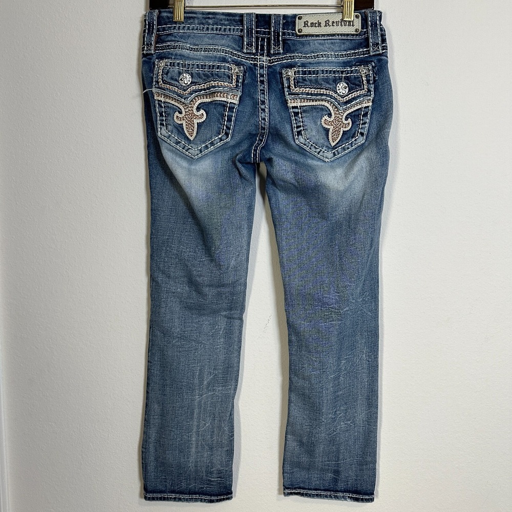 Rock Revival Betty Capri Women 27 Blue Medium Wash Embellished Biker - Picture 3 of 12